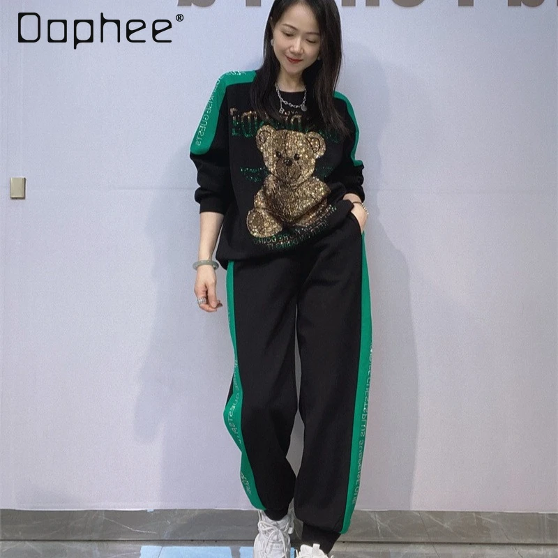 

Fashion Two-Piece Sets Women Cartoon Rhinestone Long Sleeve Round Neck Pullover Sweatshirt Elastic Waist Pants Tracksuit