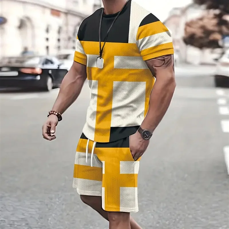 2024 3D Fashion Men\'s Sportswear Short Sleeve T Shirt And Sports Summer Casual Vintage Patchwork Suit Men\'s Two Piece Suit