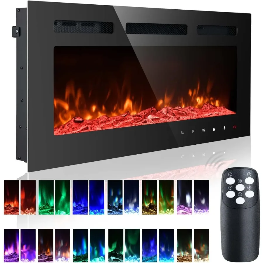 

36 Inch Wall Mounted Electric Fireplace Insert with 3D Flame Effect and Crystal Design Offers 12 Adjustable Flame Colors Built-