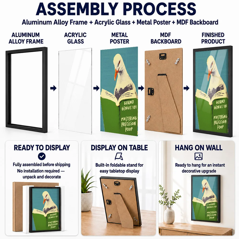 Seagull Reading Guano Genius Book Metal Poster With Aluminum Alloy Frame Personalized Safari Style Wall Art For Room Animal Fans