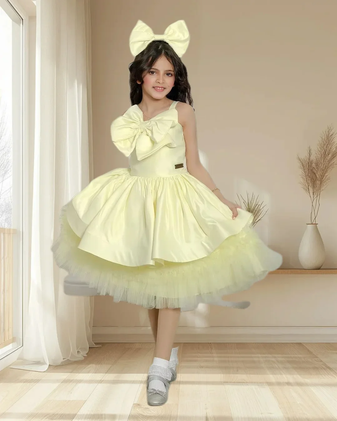 فستان فتاة الزهور لحفلات أعياد الميلاد من الساتان الأصفر بدون أكمام مع فيونكة من التل ريفلز فستان التواصل الأول حسب الطلب