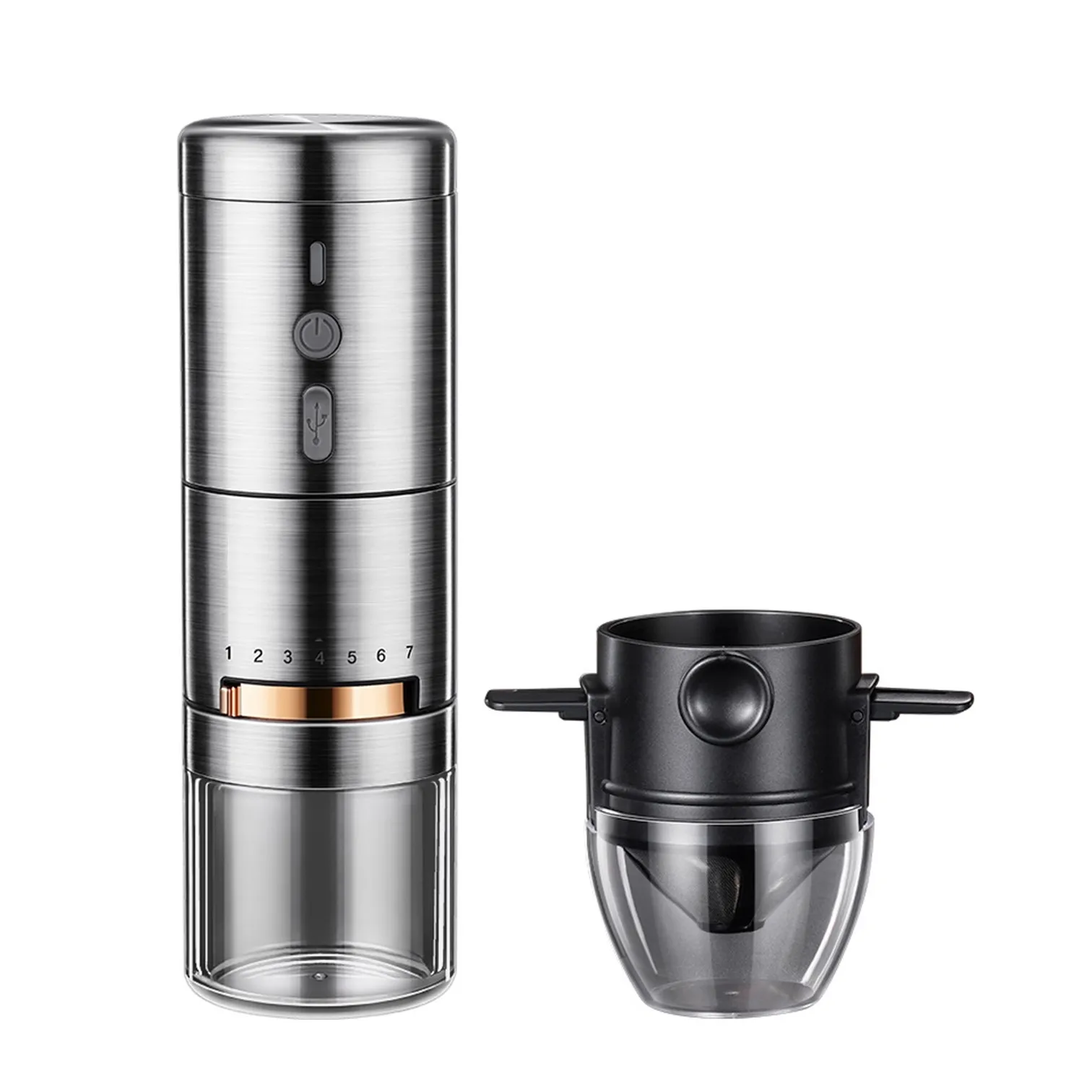 

LFGB Certificate 304 Stainless Steel Portable Rechargeable Silent 7 Gears Adjustable Office Coffee Bean Grinder with Filter Cup