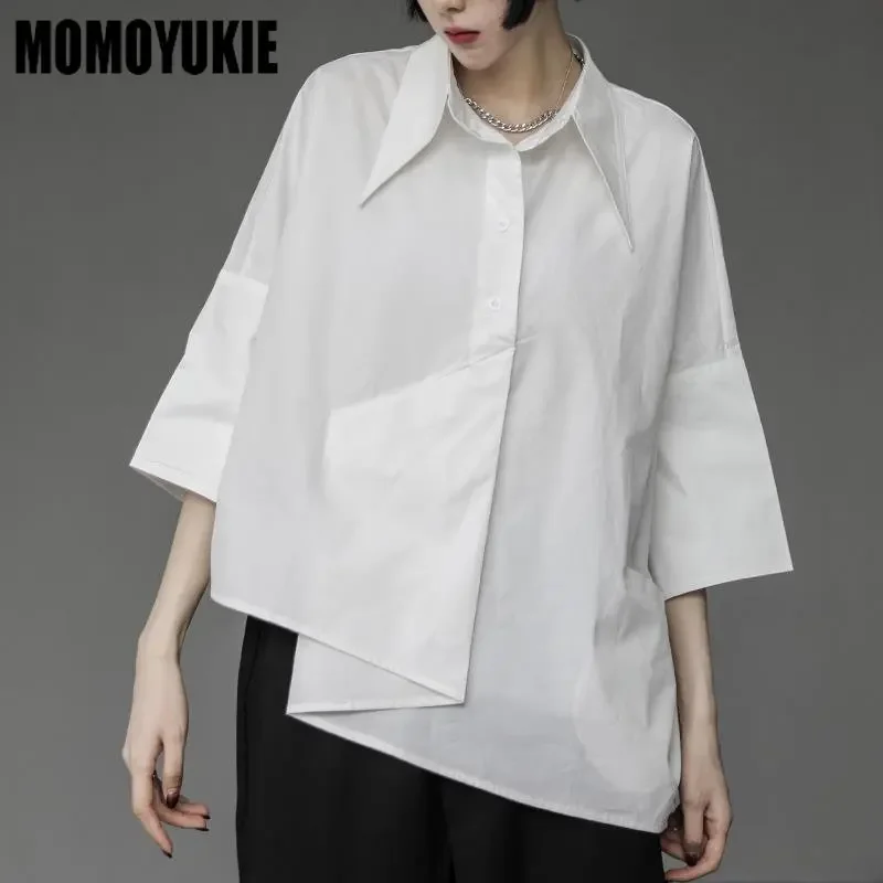 Spring Summer Fashion Irregular Harajuku Casual Women's Blouse Asymmetrical Japanese Korean Style Shirt Loose Button Up Tops