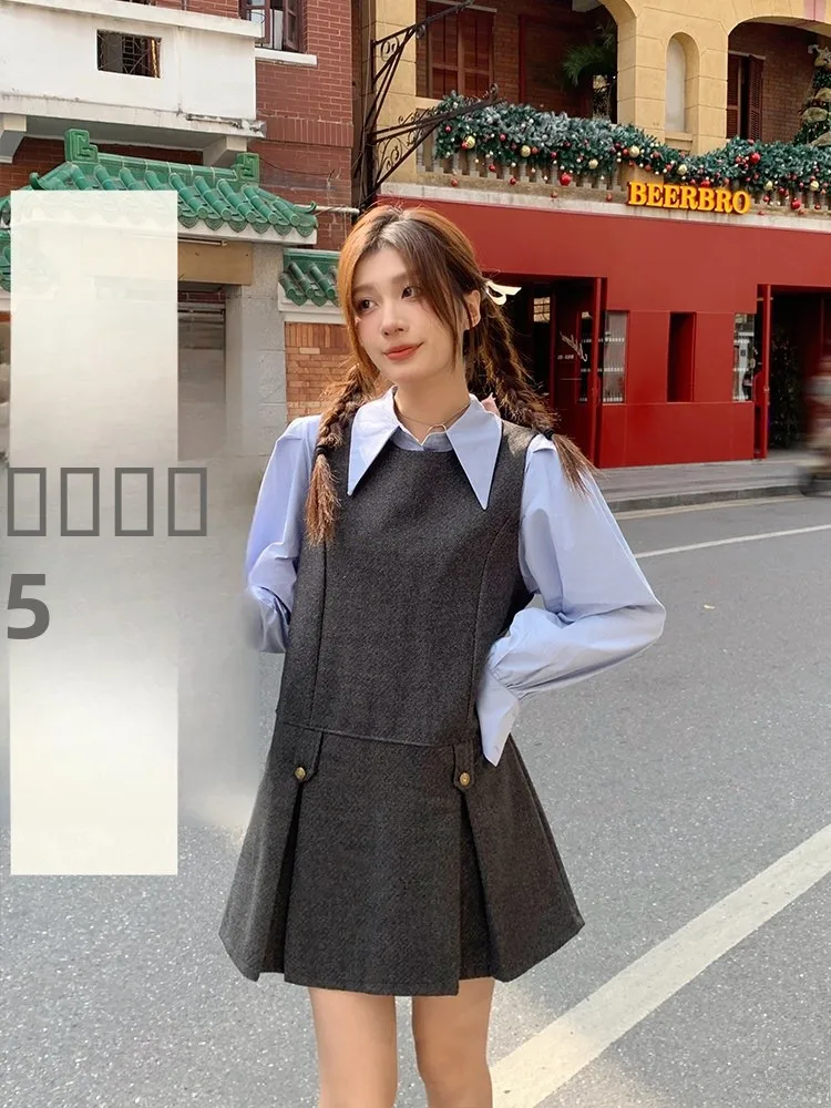 

Fashionable Blue Shirt And Vest Set for Women Medium Length Back Closure College Style Two-Piece Suit Long Sleeve Collar