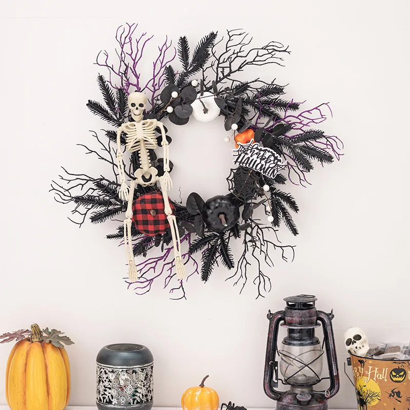 

Halloween Wreath, Halloween Door Wreath , Black Halloween Decorations With Scary Skull Skeleton Ornaments For Porch Outdoor