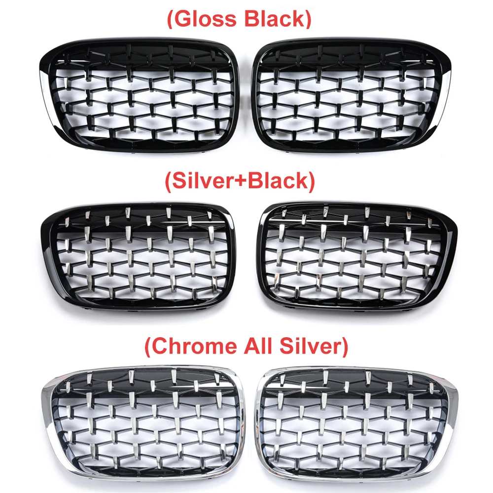 A Pair Diamond Grille Racing Grills Decoration For BMW X1 F48 2014 2015 2016 2017 2018 2019 Front Kidney Grill Car Accessories