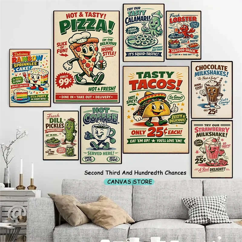 Retro Kitchen Food Advertisement Funny Hamburger Cake Taco Pizza Vintage Diner Poster Canvas Painting Wall Pictures Home Decor