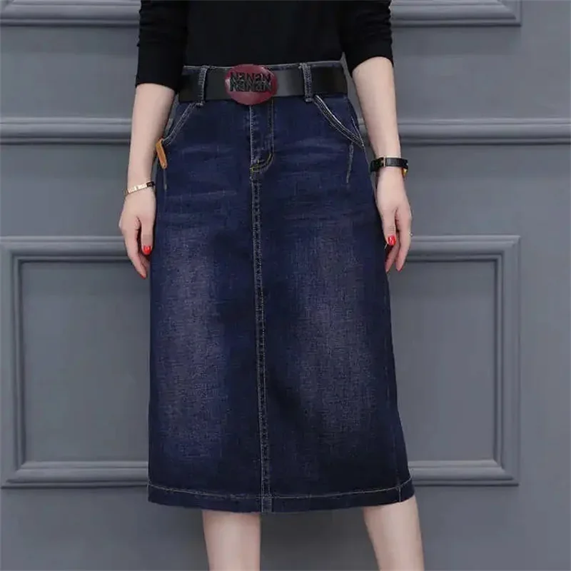 

Cowboy Midi Skirt Mid Length 2025 New Spring Summer Denim Wrapped Hip High Waist Split A-line Skirt Women's Casual Clothes