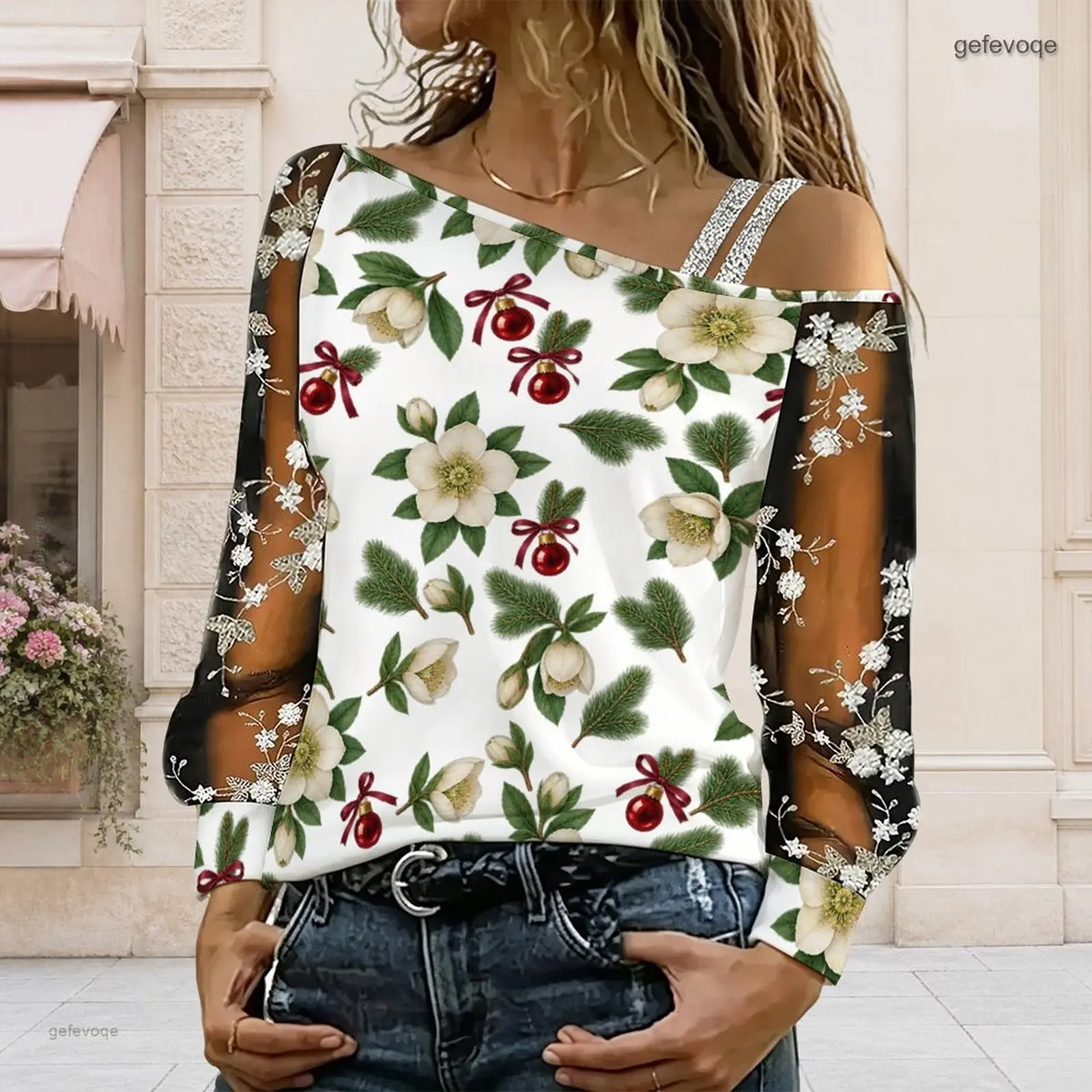 Women Christmas Red Mailbox Holly Envelope Print Asymmetric Cold Shoulder Long Sheer Floral Embroidery Sleeve Top