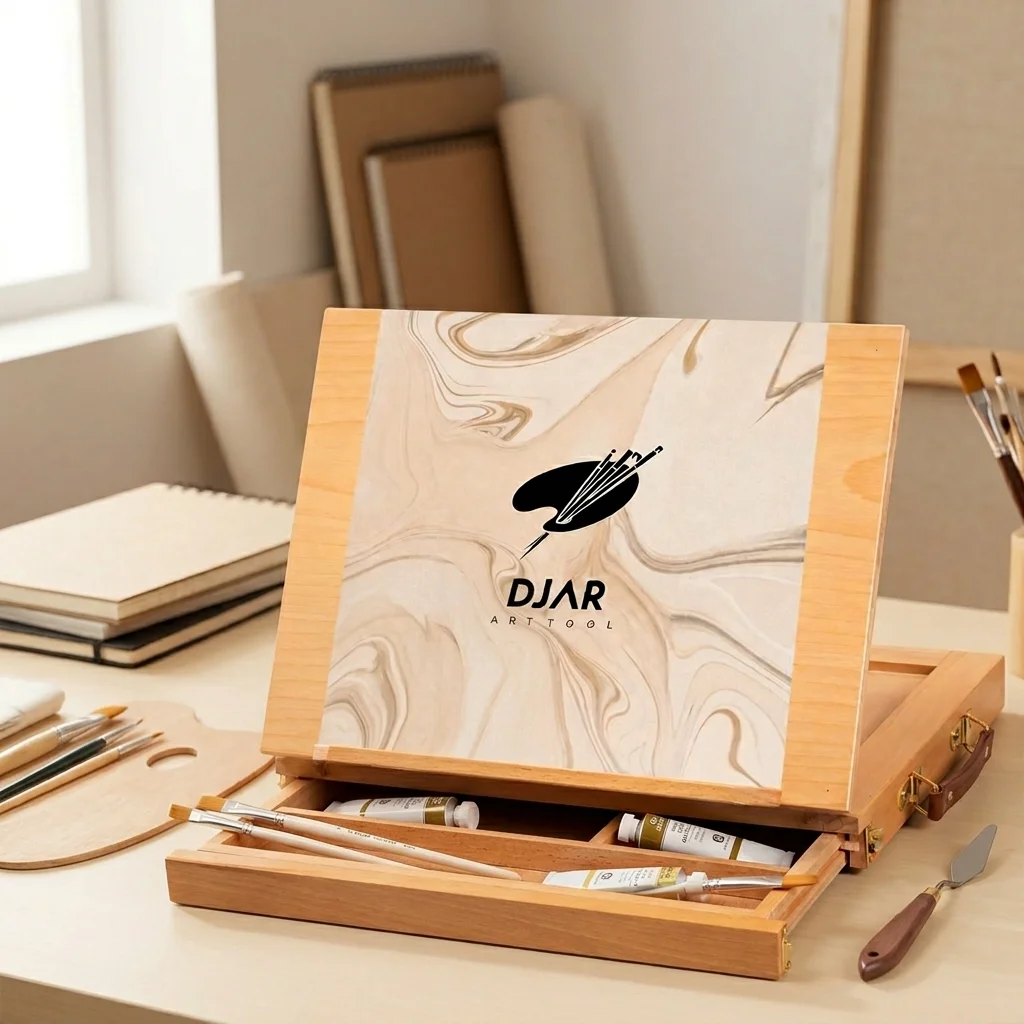 DJAR Wooden Tabletop Sketch Easel Stand, Adjustable Beech Wood Desktop Painting Box with Storage Drawer & Palette, Portable Travel Desk Art Easel Holder for Painting, Drawing, Holds 11