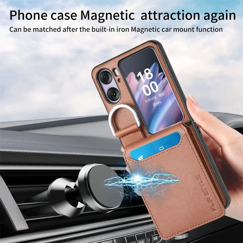 Magnetic Ring Holder Wallet Cards Solt Phone Case For OPPO Find N3 N2 Flip 5G Kickstand Vertical Litchi Pattern PU Leather Cover