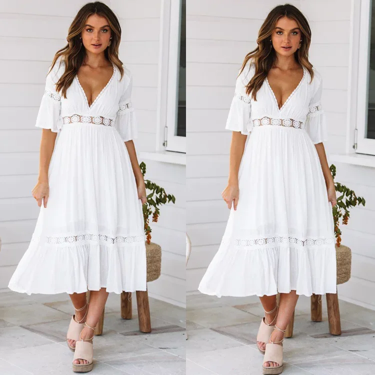 

Lace Splice Boho White Dresses For Women 2023 Summer New In A Line Midi Pareo Slim Sexy V Neck Vestidos Femme Sale