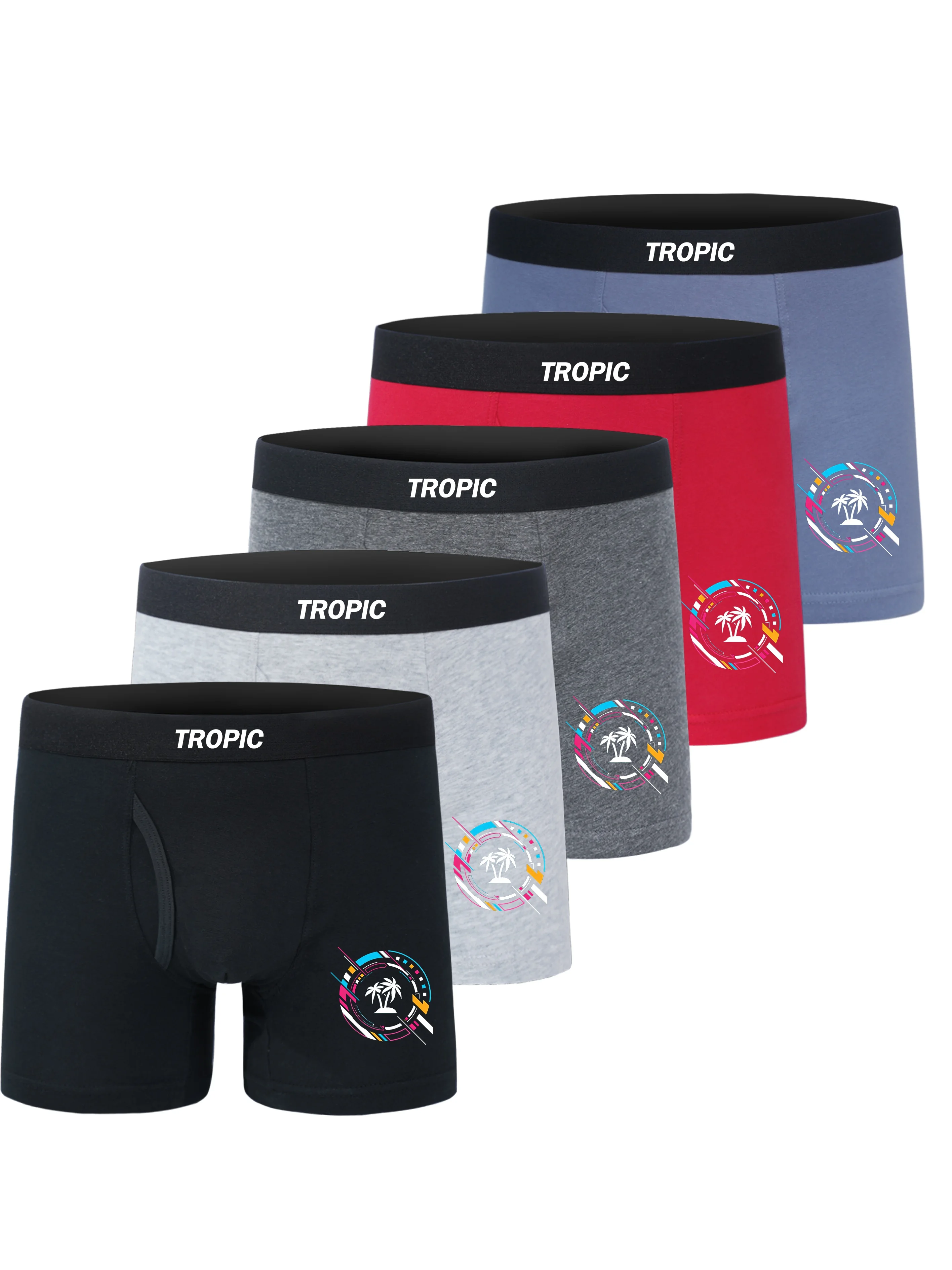 5 Pack Men's Cotton Boxer Briefs Open Fly Colorful Geometric Circle Palm Tree & TROPIC Letter Printed Elastic Waist Soft Stretch