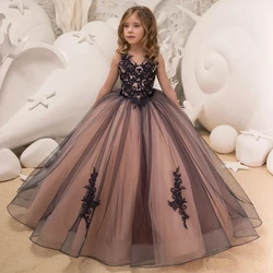 2024 Black Lace Flower Girl Dresses For Party Elegant Sleeveless Tulle V Neck Girls Pageant Princess Birthday Dress