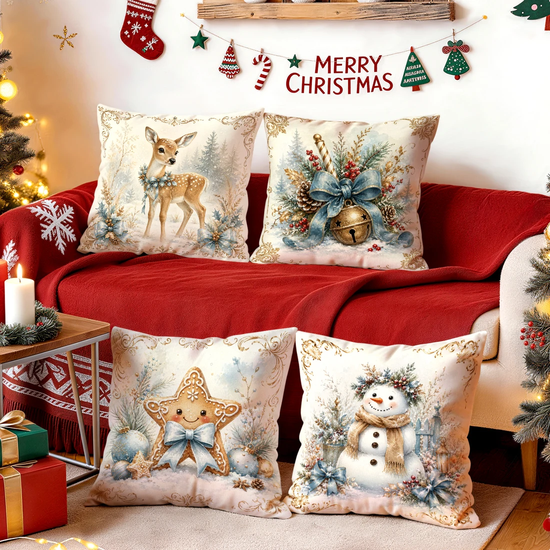Christmas Fairy Tale Deer Snowman Cushions Pillowcase Polyester Cushion Cover Throw Pillow Pillowcover Home Car Sofa Decor