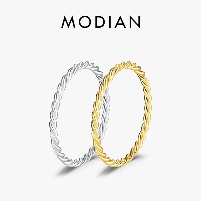 MODIAN 925 Sterling Silver Minimalistyczny skręcony pierścionek na palec do układania w stosy Klasyczne cienkie pierścionki w kolorze złotym dla kobiet Drobna biżuteria