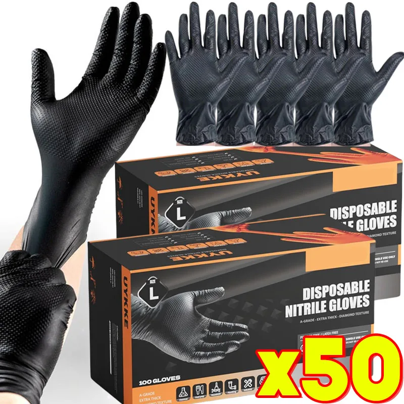 Black Nitrile Gloves Disposable 8-mil Latex Free Mechanic Gloves for Men Heavy Duty Diamond Textured Industrial Mechanic Gloves