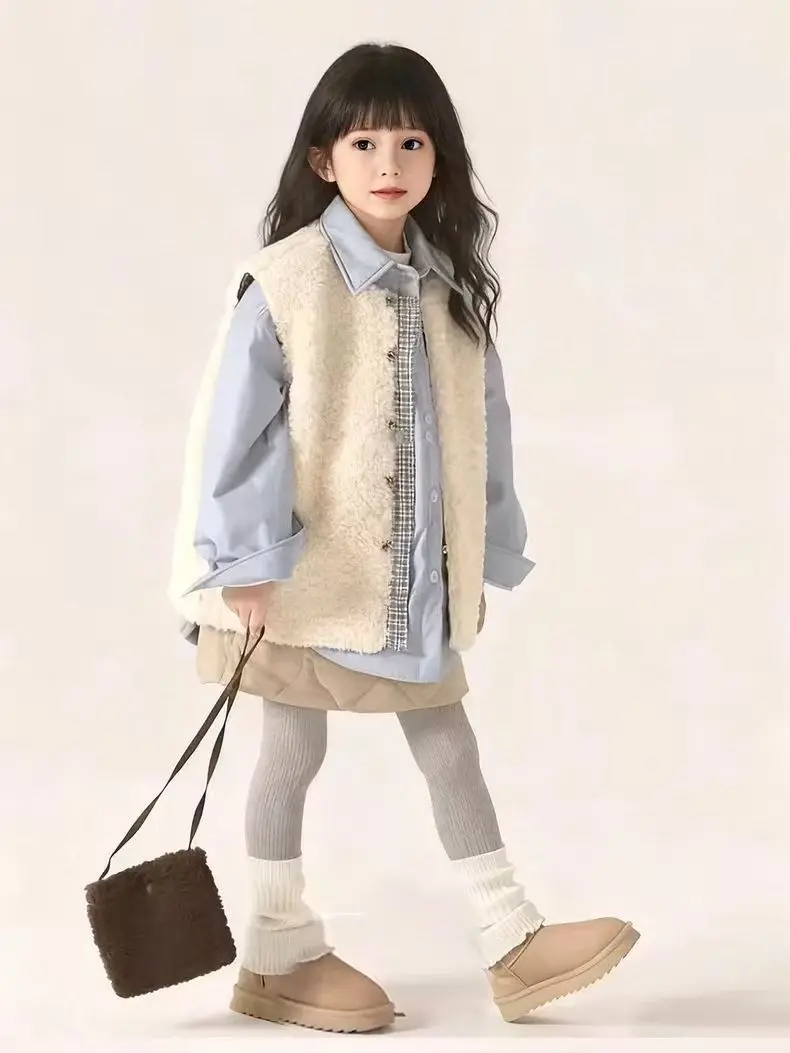 Girls' Set For Autumn And Winter New Western-style Winter Outfit Set Vest Shirt Skirt Cotton Clip Fashionable Three Piece Set
