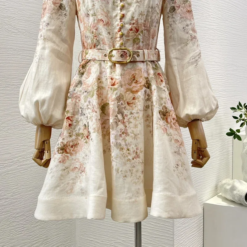 Mini abito da donna Re-tro A con cintura e maniche a lanterna con stampa floreale di alta qualità in puro lino 2025