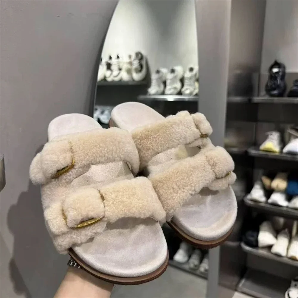 Women Wool Fur Slides Luxury Fluffy Real Fur Slippers For Woman  Non Slip Flat Flip Flops Indoor Outdoor Woman Plush Sandals view 5