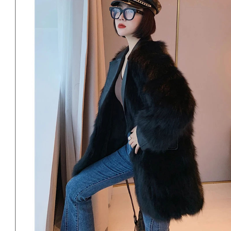 Vintage Vrouwen Winter Vos Bontjas Luxe Pu Lederen Pak Kraag Warm Faux Fur Jas Meisje Mode Streetwear Overjas