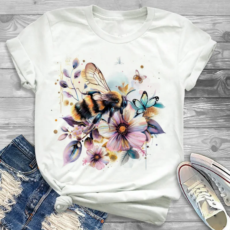 

Женская футболка с короткими рукавами и принтом пчелы, цветов и бабочек, модная милая новая верхняя одежда, летняя повседневная белая футболка