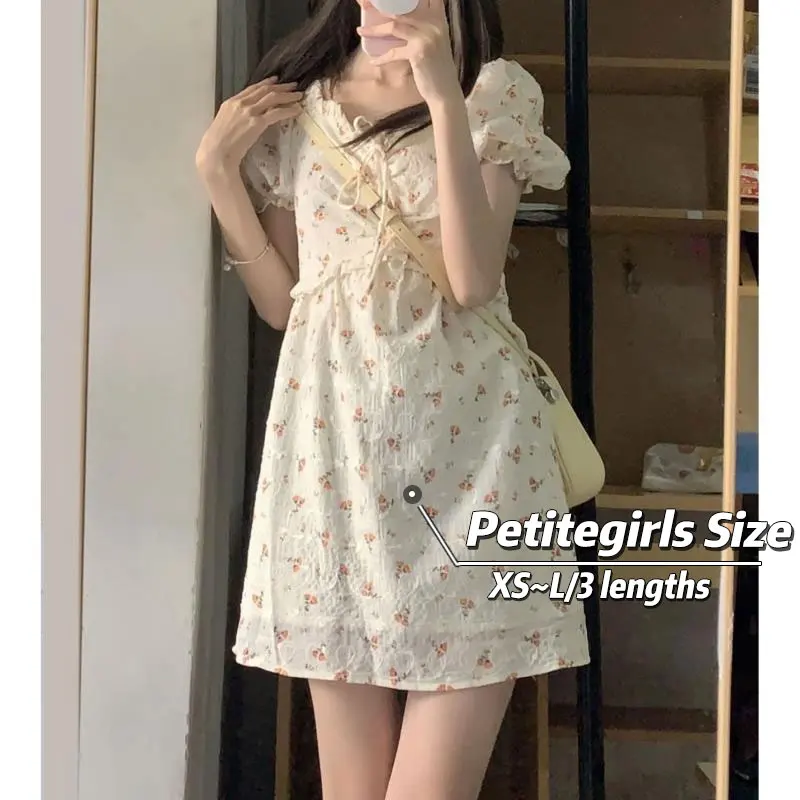 150cm Petite girls Gentle Milk Sweet Floral Dress Women's Waist A-line Short Skirt XS Shows Height Long Skirt Summer Match