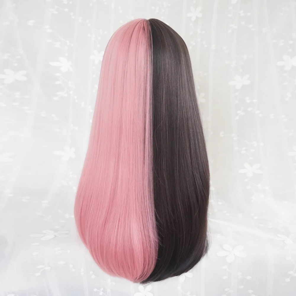 VICWIG Synthetic Long Straight Black Pink Two Color Mix Wig with Bangs Women Fluffy Lolita Cosplay Hair Wig for Daily Party