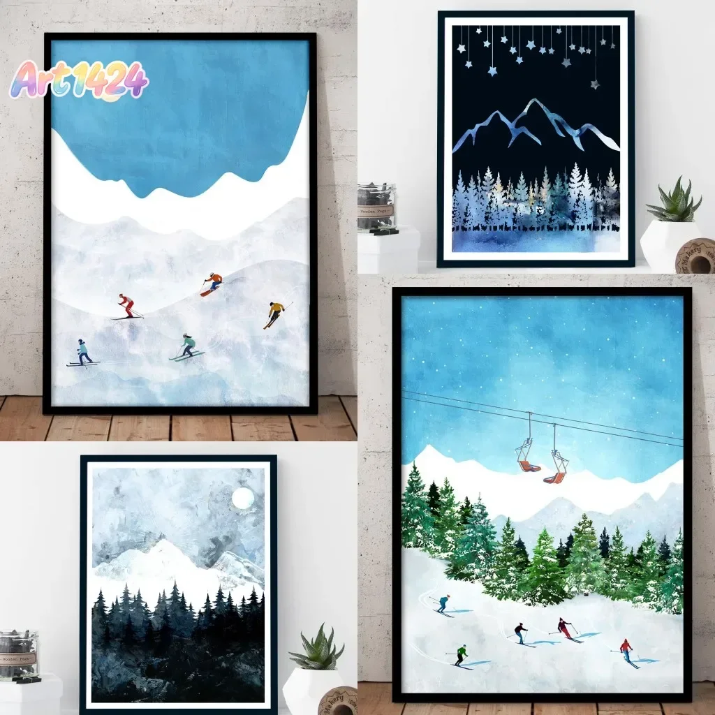 Retro Mountain Print Ornamental Snowy Wall Art Pictures Snowberg Group Ski Canvas Poster Kids Bedroom Home Decor