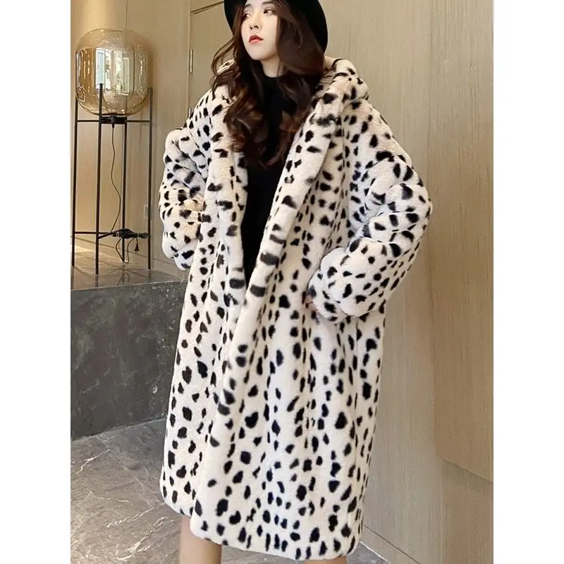 2026 Winter Women Imitation Rabbit Fur Leopard Print Fur Jacket Medium and Long Women'sKorean Loose Over The Knee Plush Jacket