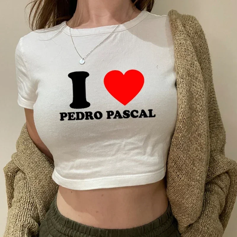 I Love Pedro Pascal Funny Red Love Heart Women Cropped Top 2000s Grunge Baby Tee Causal Baby Tee Harajuku T-shirts Femme