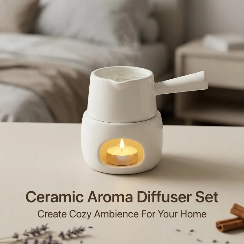 Handle Ceramic Aroma Wax Melt Burner Set Tealight Essential Oil Diffuser Candle Warmer Furnace Home Desktop Fragrance Decor Gift