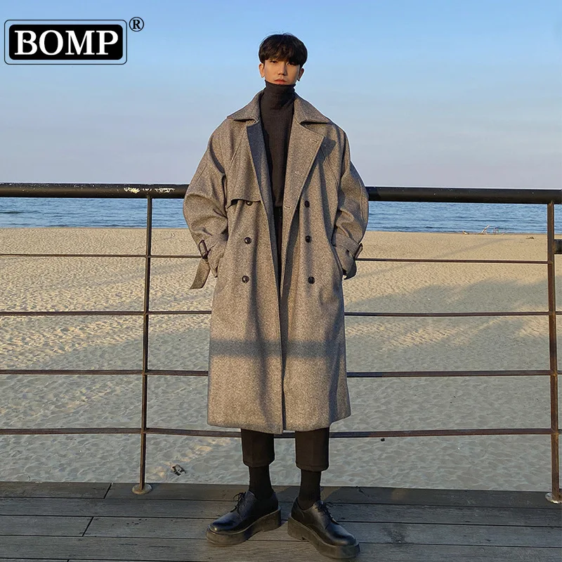 

[bomp] Autumn Winter Plaid Robe Silhouette Windbreaker Unisex Woolen Coat Men's Medium Long Style