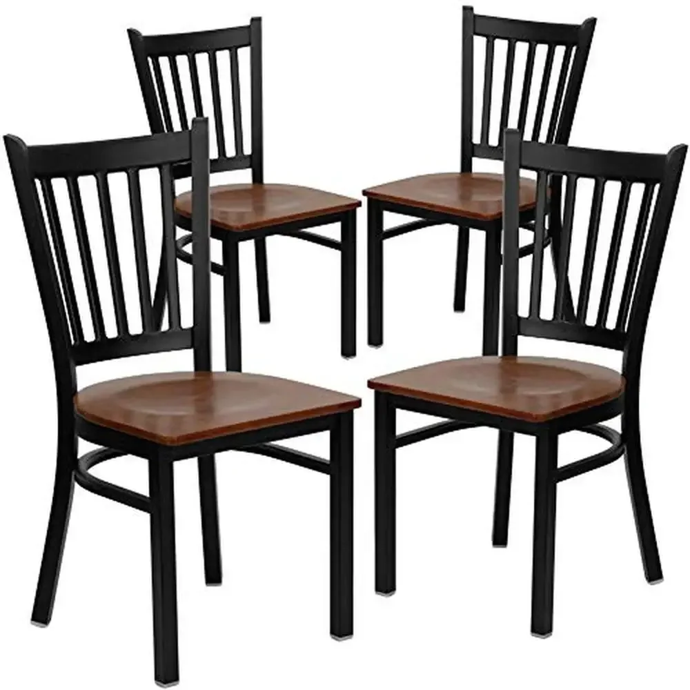 

Set of 4 Black Metal Dining Chairs with Cherry Wood Seats Vertical Back Design Commercial Grade 500 lb. Capacity