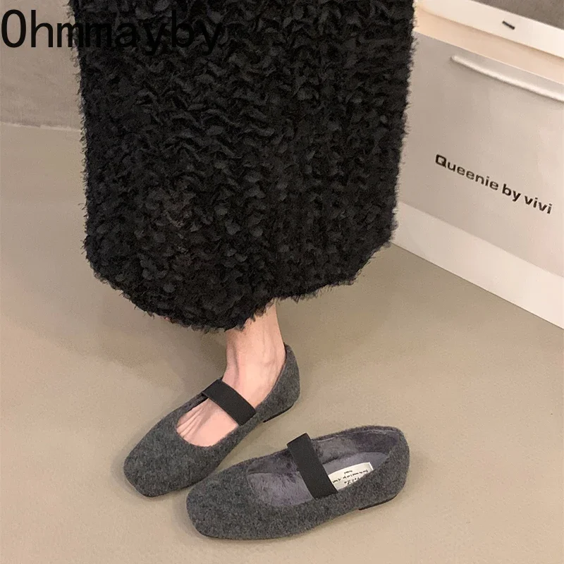 Winter Warm Fleece Women Mary Jane Shoes Fashion Shallow Square Toe Flats Comfort Outdoor Soft Sole Shoes