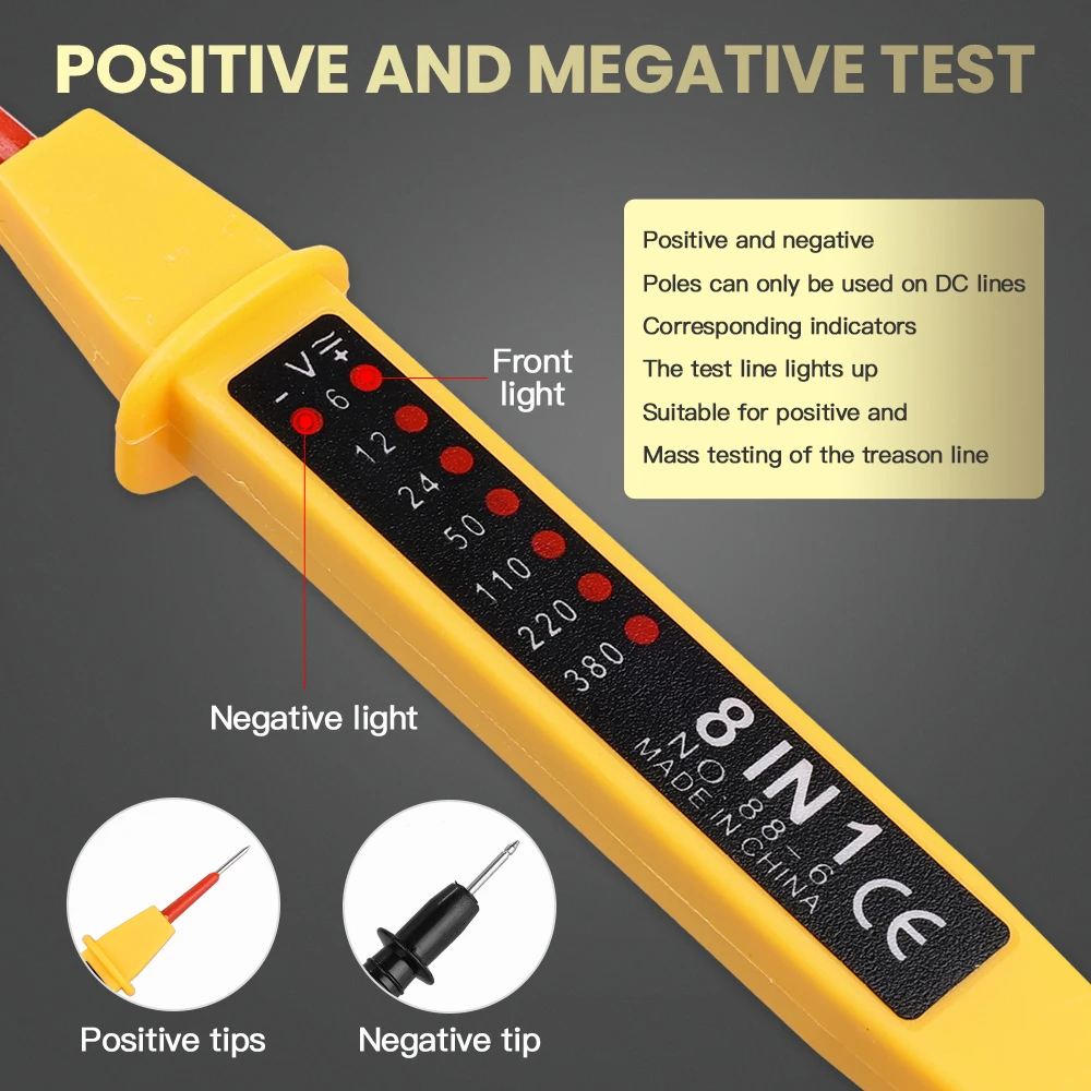 8-in-1 spanningstester AC / DC 6-380V automatische elektrische pendetector inductiedisplay met LED-licht voor elektricien testtool