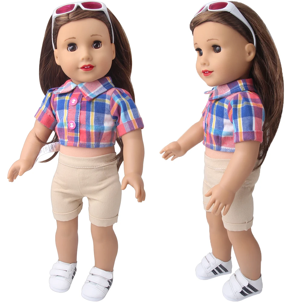 18 Inch Doll Girl Fashion Set Blue Checkered Short Shirt Khaki Slim Fit Five Quarter Pants Doll Summer Trend Doll Accessories