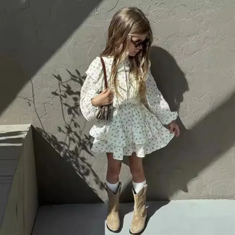 

Children Clothing Set 2025 Russian Girl's Dress Autumn Floral Lace Shirt+Cake Skirt Two-piece Set