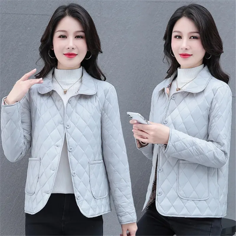 Autumn Winter Short Down Cotton Coat 2023 New Loose Turndown Collar Plaid Outerwear Pure Colour Single-Breasted Jacket Female