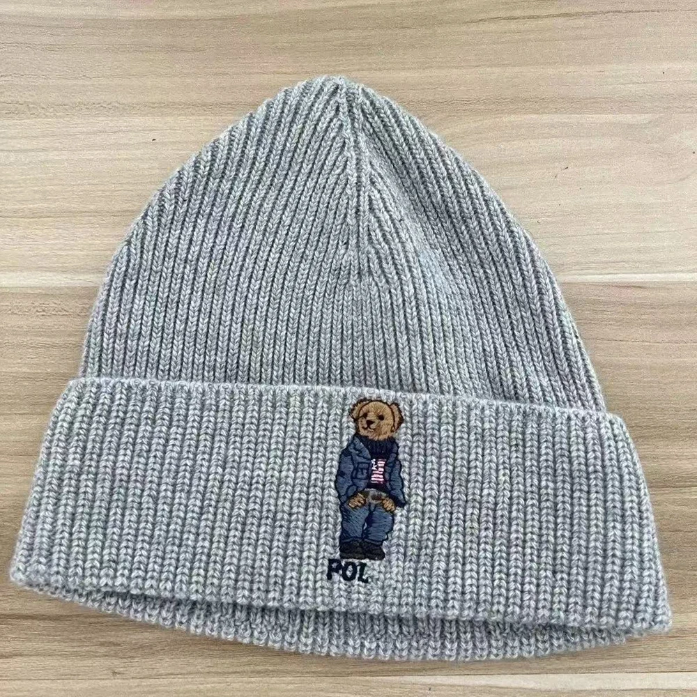ユニセックス刺繍入りベアビーニー無地ニットスカルキャップストリートウェアハット（男女兼用）