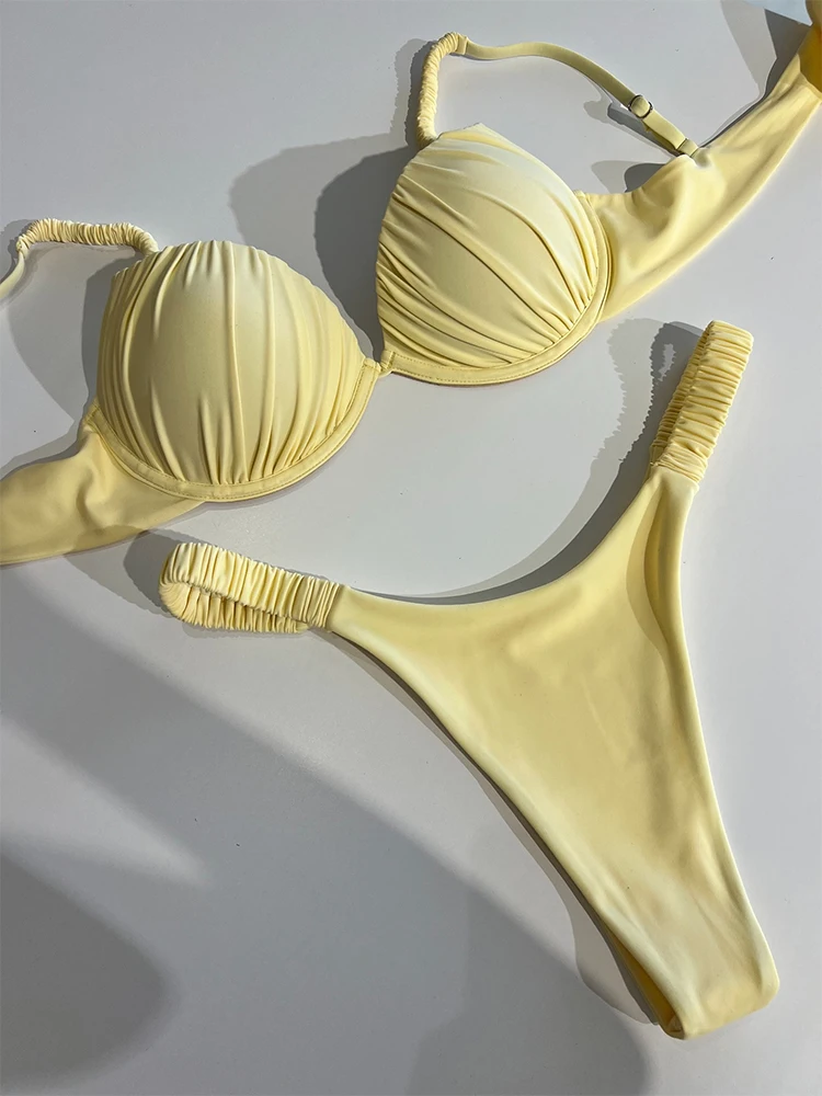 

2025 New Sexy Push Up Low Waist Bikini Set Solid Yellow Swimwear Women Swimsuit Brazilian Strappy Beachwear Bathing Suit biquini