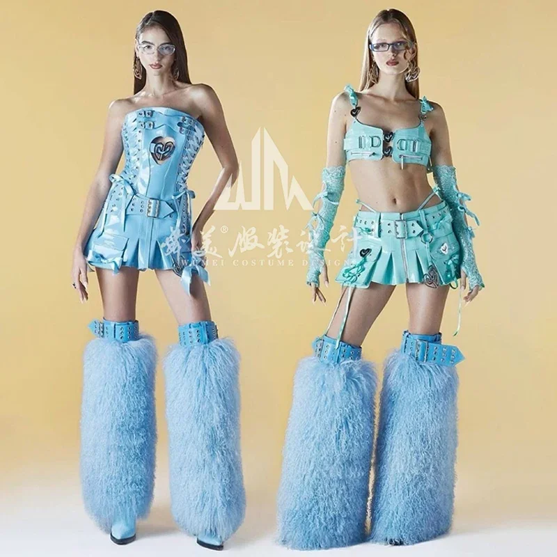 

Drag Queen Costume Blue Leather Pleated Skirt Gogo Nightclub Ds Performance Outfit Showgirl Stage Wear Party Rave Clothes yj380