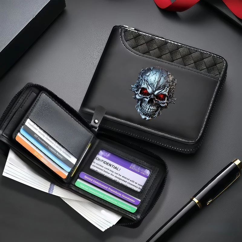 2026 New Skull Print Men's Zipper Wallet, Rhombus Patchwork PU Leather, Multi-Card Slot, Large Capacity,