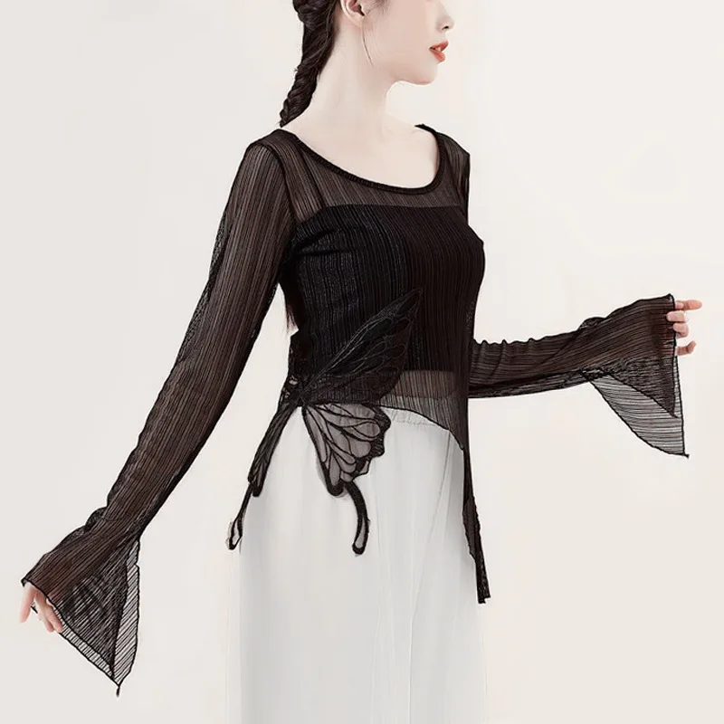 사용자 정의 여성 성인 재즈 현대 무용 의상 우아한 나비 레이스 메쉬 탑 연습 복장 섹시한 관점 레이브 disfraces