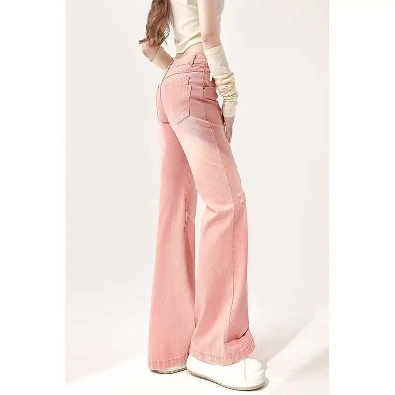 Bell-Bottoms Denim Flange Pink Star High Waist Ripped Jeans Harajuku Y2k Aesthetic Korean Vintage Large Size Women Trousers