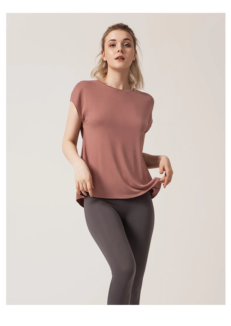 Women's Split Side Yoga Top Sexy Open Back Fitness T-shirt Loose Fit Workout Tee Running Sports Cover Gym Wear Woman Clothing