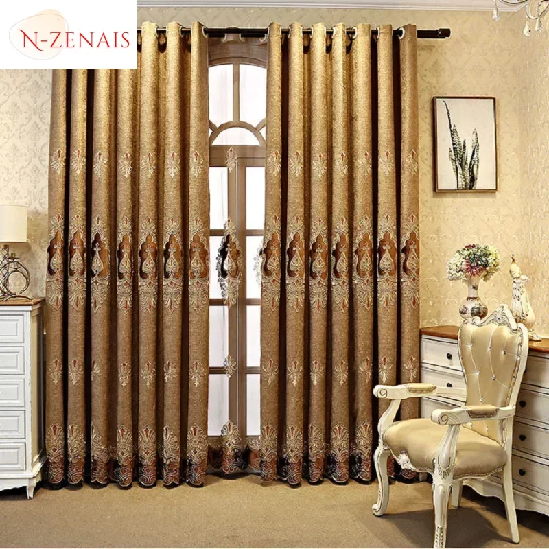 European Coffee Embroidered Luxury Curtains for Living Room Bedroom Blackout Chenille Decoration Valance Window White Tulle