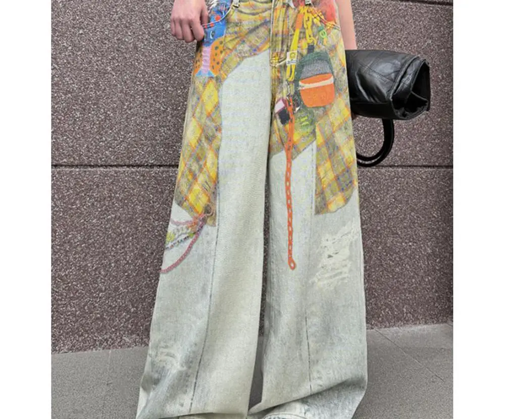 New Teenage Girls Loose Wide-Leg Jeans Trousers with Fashion Print Children Cool Streetwear Straight Denim Pants 8 10 12 14Years