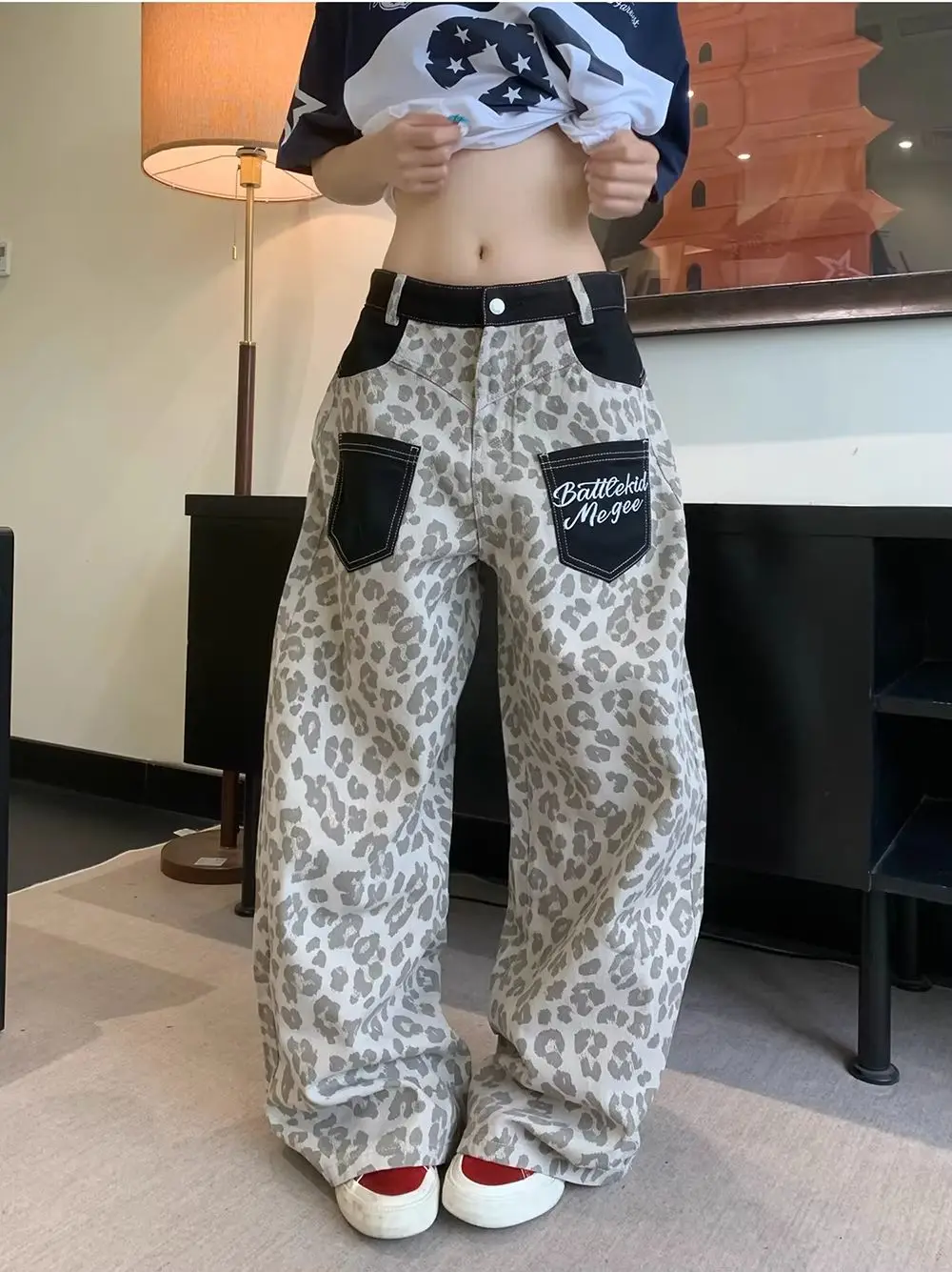 

American Retro Fashion Street Women Jeans New High Waist Slim Casual Woman Jeans Y2K Leopard Print Wide Leg Pants Female