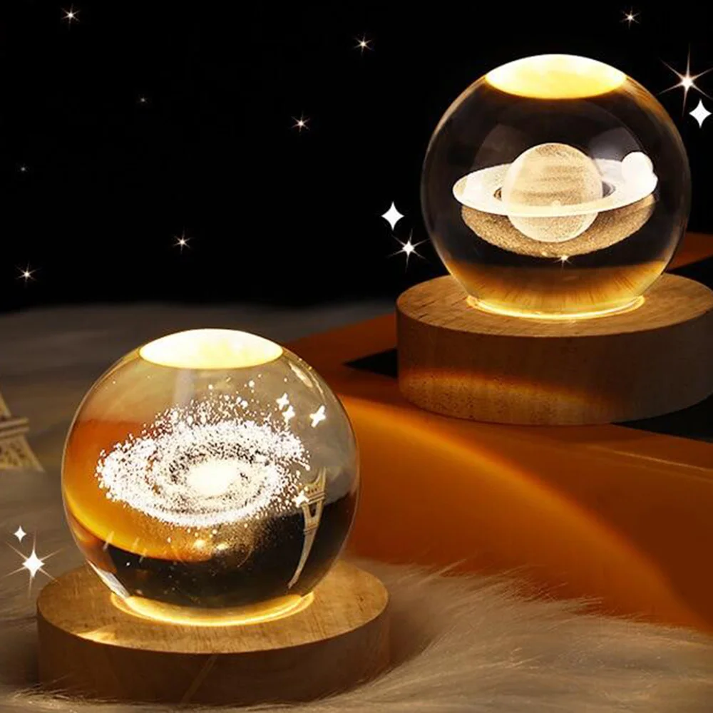 USB LED Night Light Galaxy Crystal Ball Table Lamp 3D Planet Moon Lamp Bedroom Home Decor for Kids Party Children Birthday Gifts